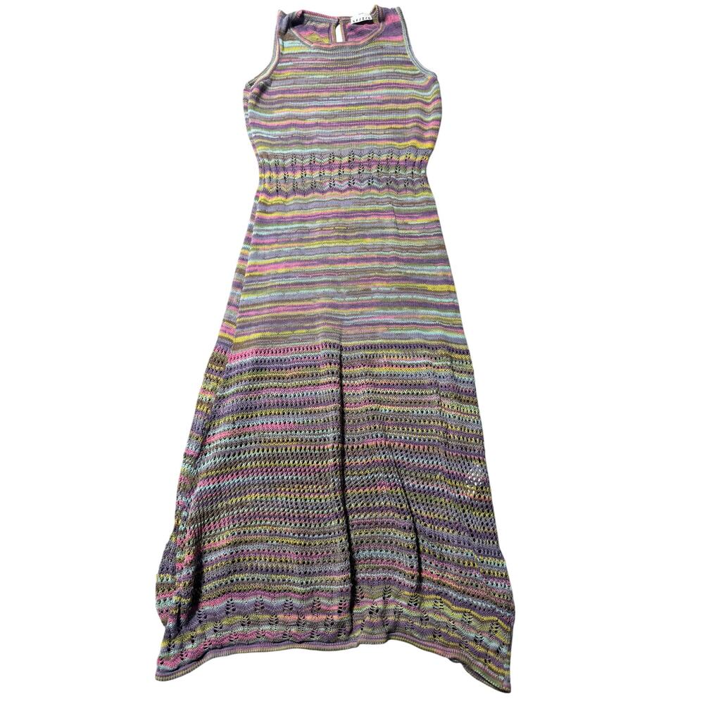 Sfizio Maxi Dress Womens 6 Multicolor Striped Crochet Knit Sleeveless Italy Made - Picture 2 of 16